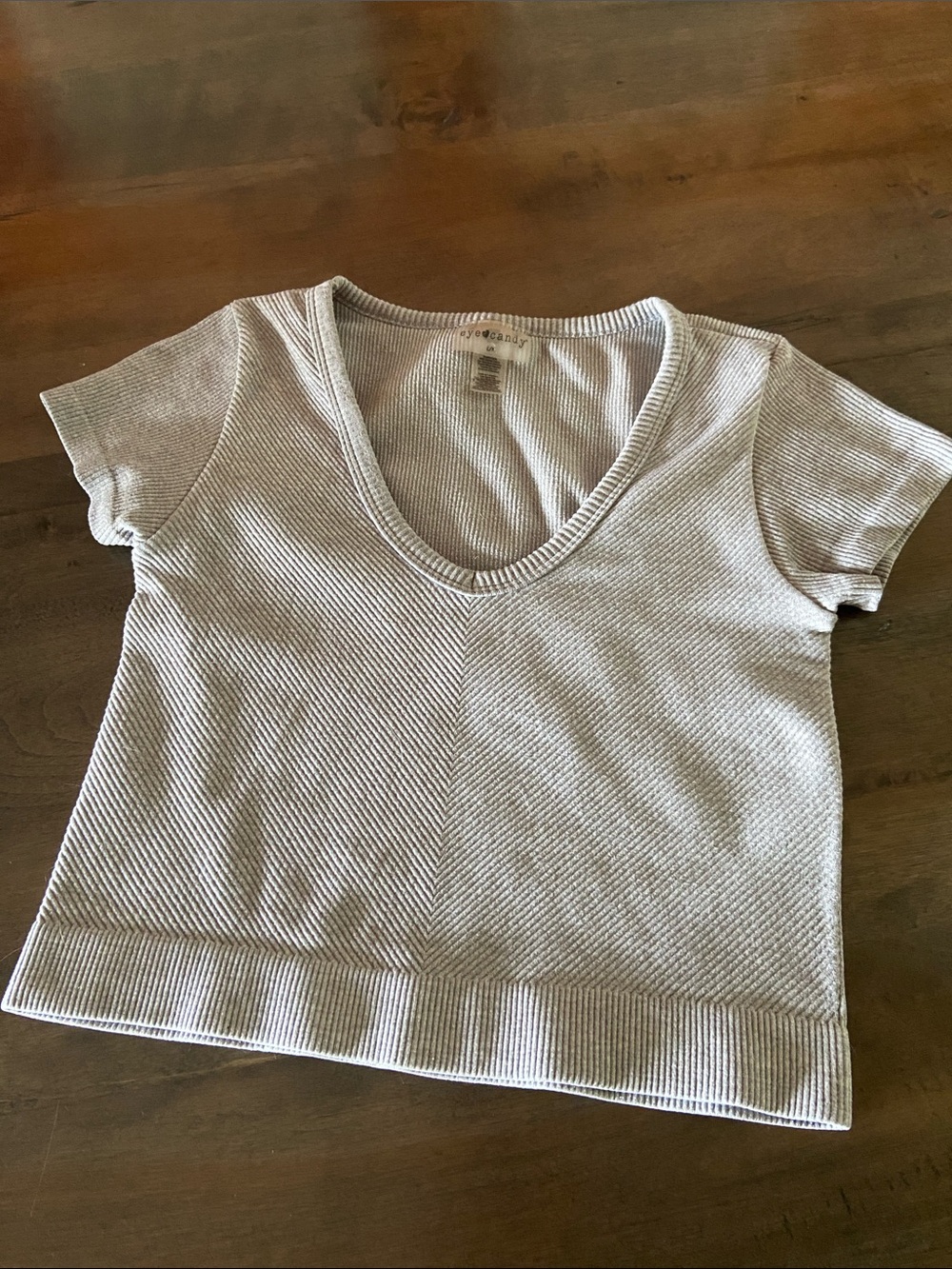 eye candy Light Gray Ribbed V-Neck Short Sleeve Top